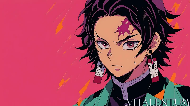 Intense anime warrior portrait on vivid magenta field.