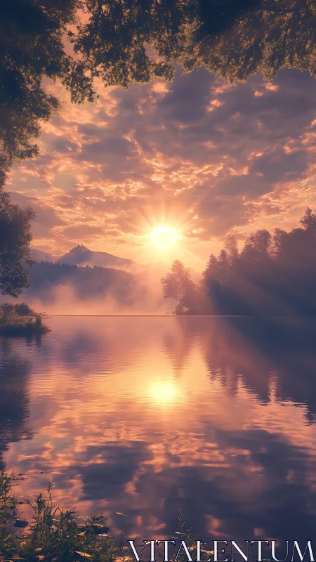Sunrise over misty lake with warm reflective glow at dawn.