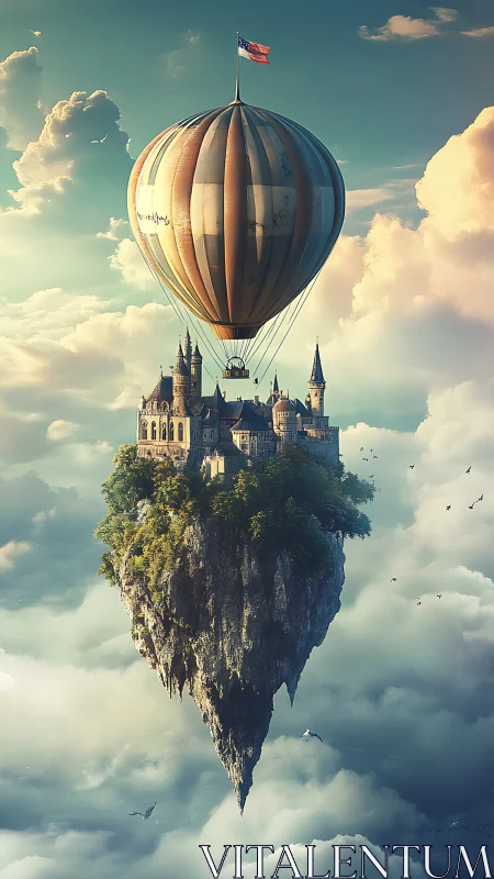 Floating neo-gothic castle island suspended beneath striped airship