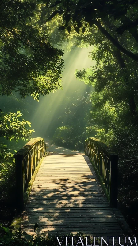Sunlit wooden footbridge framed by dense forest canopy.