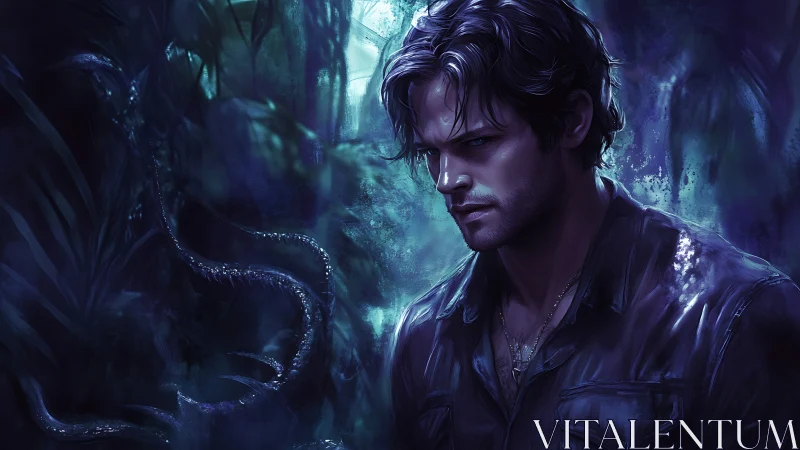 Brooding hunter in bioluminescent jungle with dark tendrils.