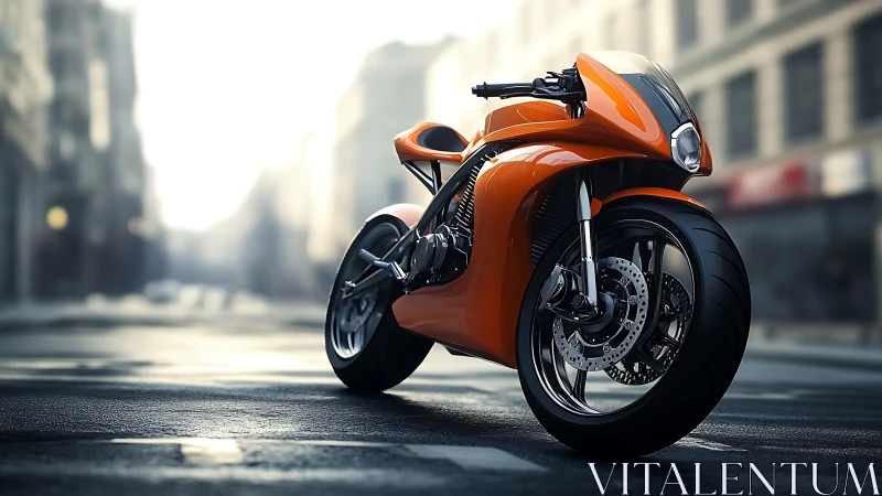 Orange sport motorcycle parked on empty city street scene.