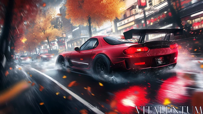 Red sports car on wet city street under autumn foliage.