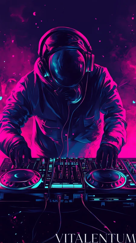 Neon astronaut DJ mixing cosmic beats in vivid magenta glow.