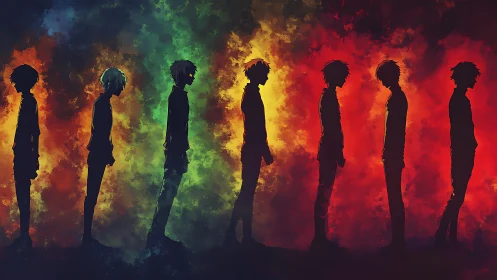 Silhouetted figures cross a fiery rainbow of emotional light.
