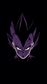 Stylized purple anime warrior portrait emerges from black