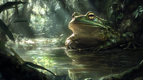 Giant jungle frog rests in glowing rainforest shallows.