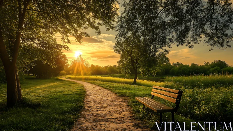 Golden sunset path curving past empty park bench.
