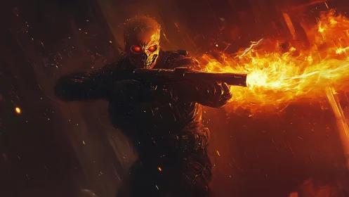 Flaming skull gunner unleashing inferno through darkness.