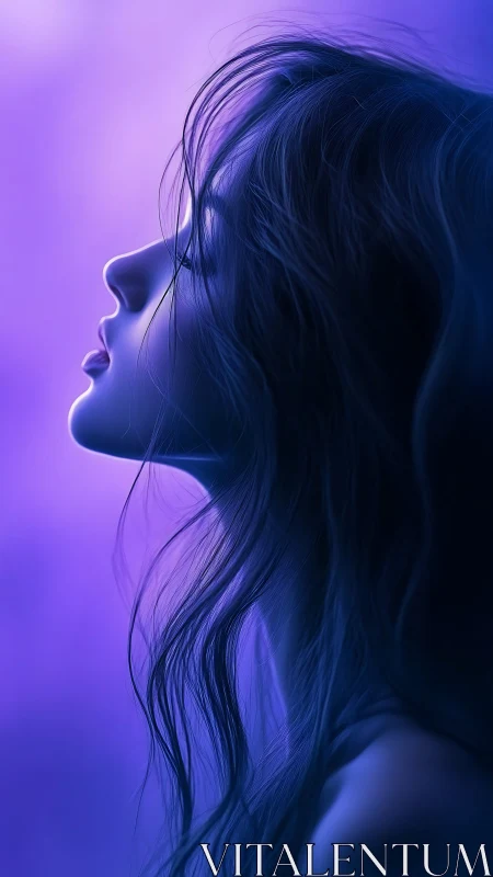 Side profile of woman lit by soft blue and purple light
