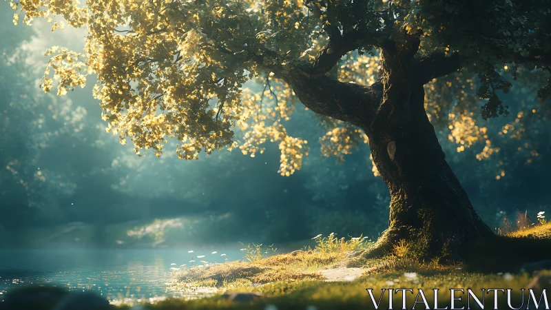 Golden morning light dances gently around a lakeside tree