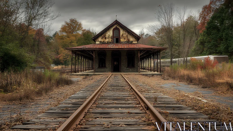 Forgotten autumn rail station under brooding storm clouds.