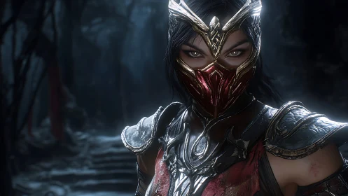 Armored masked warrior in volumetric forest lighting render.