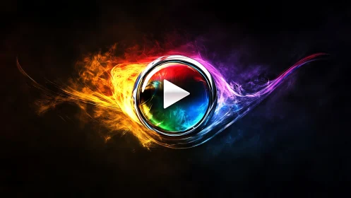Glowing rainbow play button wrapped in swirling light.