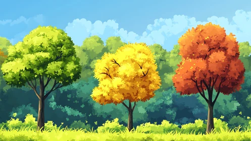Colorful trio of seasonal trees in bright stylized landscape.
