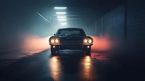 Classic coupe in foggy tunnel under artificial lighting.
