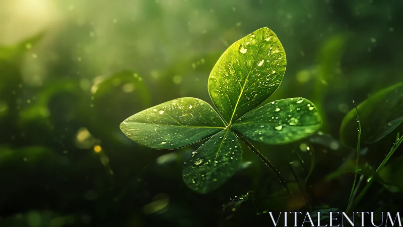 Green clover leaf with water droplets in soft sunlight.