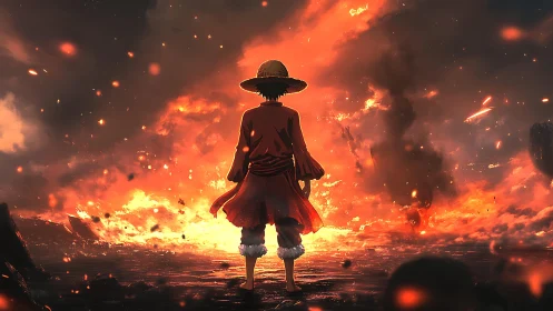 Straw-hatted wanderer confronts a storm of molten sky.