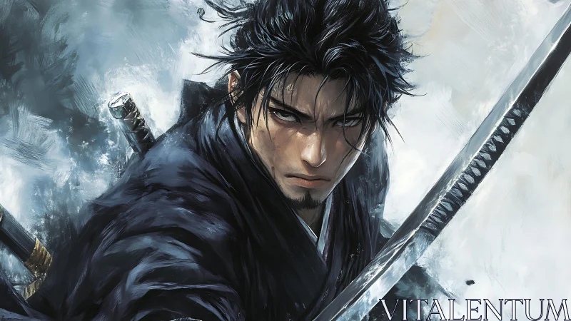 Determined swordsman steps forward with calm, fierce resolve.