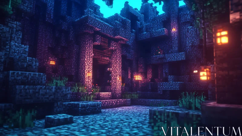 Pixel ruins glow softly while neon torches script forgotten quests