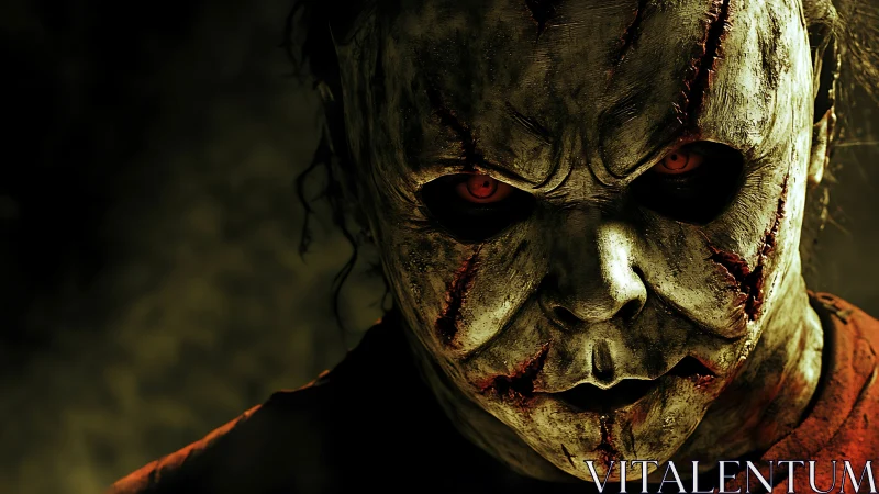 Demonic mask glows with crimson eyes and carved scars.