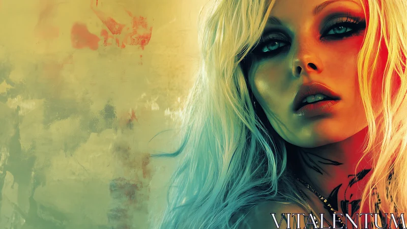 Chromatic portrait of tattooed woman with neon rim lighting.