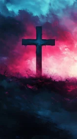 Cross silhouette rises through neon stormlit cloudscape.