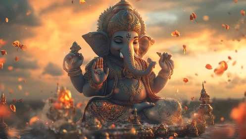 Ornate Ganesha deity in glowing sunset petals and mist.