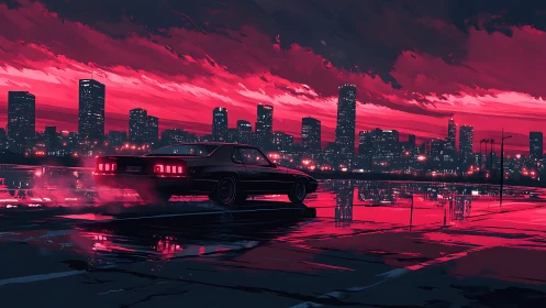Midnight muscle car above neon drenched cyber skyline.