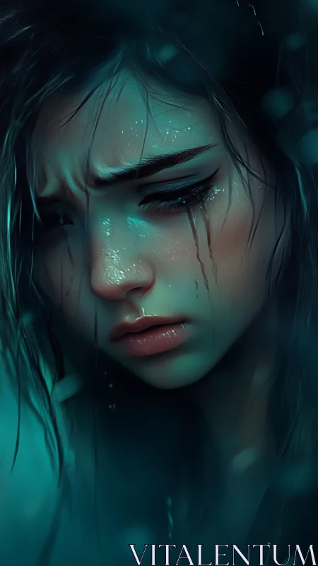 Melancholic girl in rain with cinematic teal lighting focus.