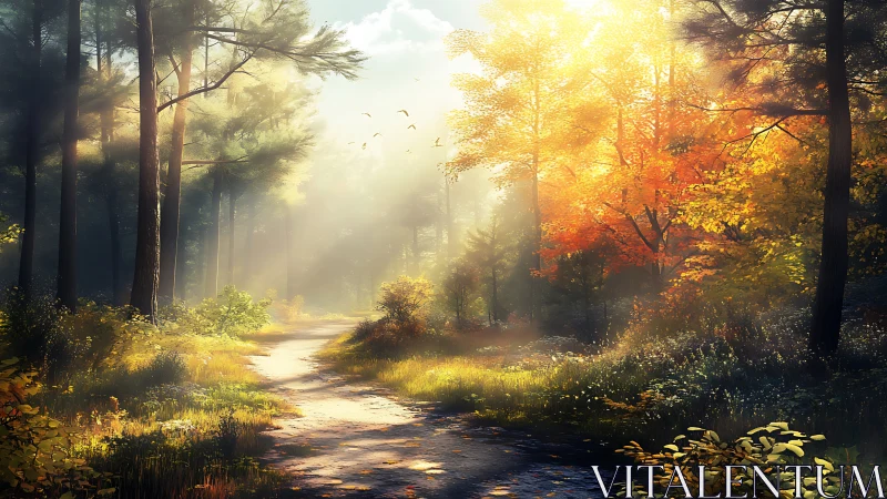 Forest pathway with filtered sunlight through autumnal deciduous trees.