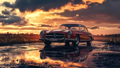 Photorealistic sunset study of classic red Mercedes coupé.