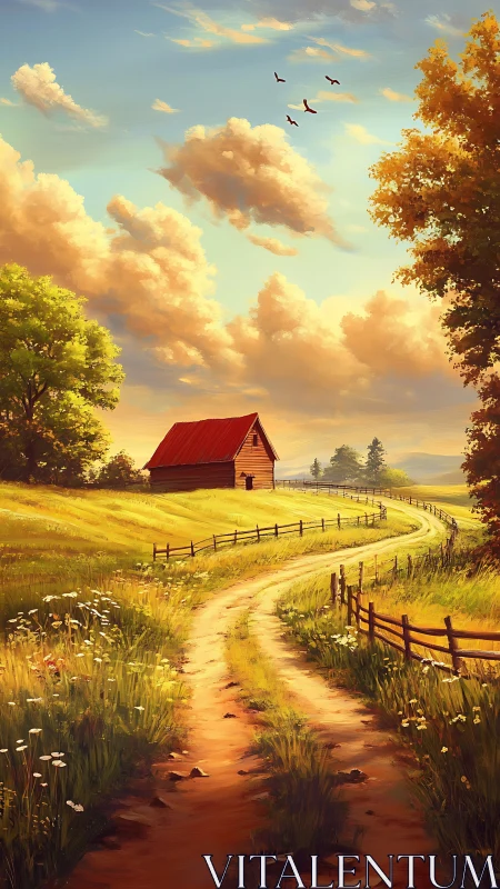 Country dirt road curving to barn under clouded sky.