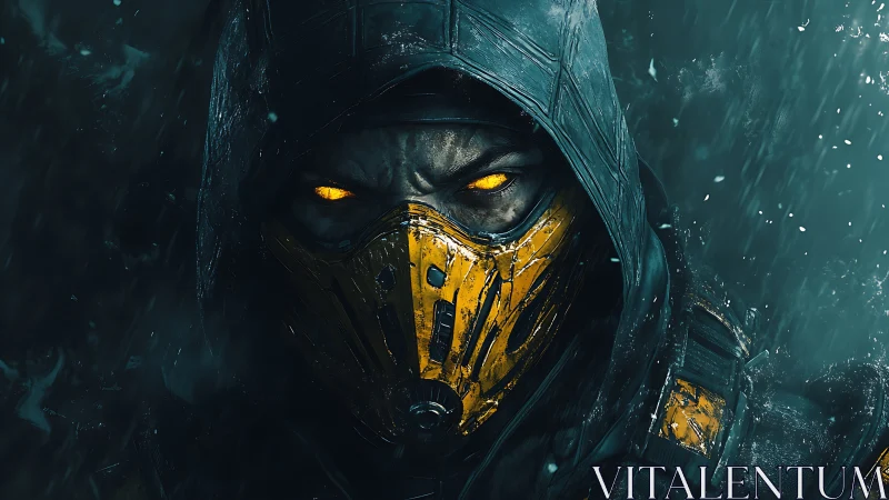 Storm-lit masked warrior with ember eyes in the shadows.