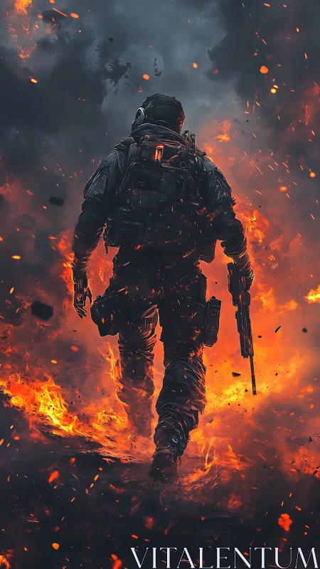 Armored soldier strides through blazing battlefield inferno