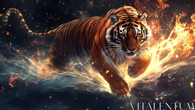Fiery tiger strides through glowing water with unstoppable power