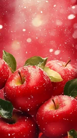 Macro close-up of red apples with snow-like sugar on red bokeh