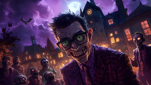 Eerie nerdy zombie leads undead horde at haunted mansion night.
