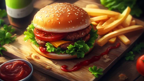 Sunlit sesame burger throne with golden-fries sidekick feast.