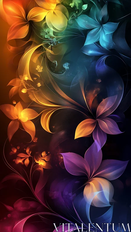 Iridescent floral ribbons swirling across dark cosmos.