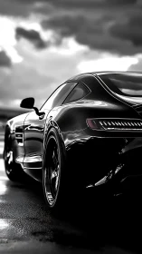 Monochrome sports coupe on wet asphalt under storm clouds.