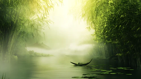 Misty bamboo river corridor frames a solitary wooden boat