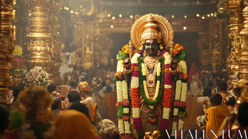 Gilded temple deity idol adorned with garlands during ritual
