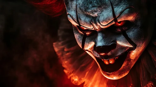 Close-up of sinister clown face with intense lighting.
