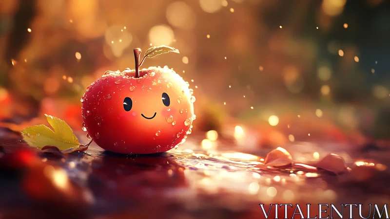 Cute dew kissed apple character in glowing autumn rain.