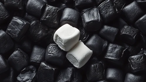 Two white marshmallows centered on black charcoal arranged as composition.