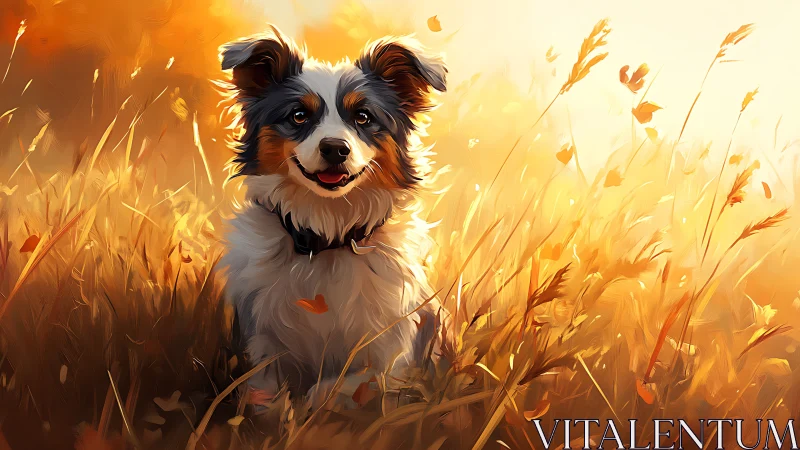 Golden sunset fields welcome a joyful fluffy shepherd dog