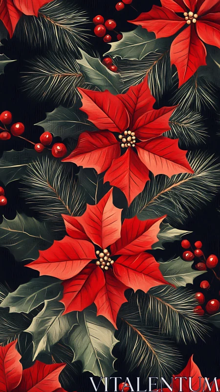 Red poinsettias glow amid deep green festive foliage