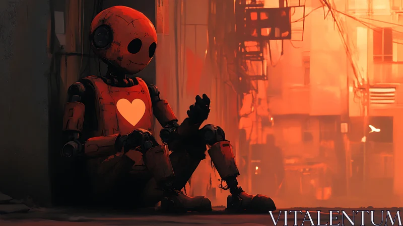Robot sits against alley wall with illuminated heart emblem