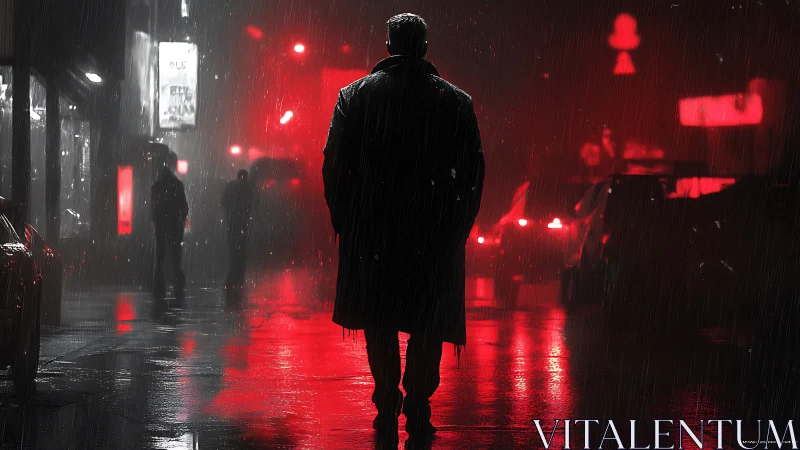 Solitary figure in rainy neon city street at night.